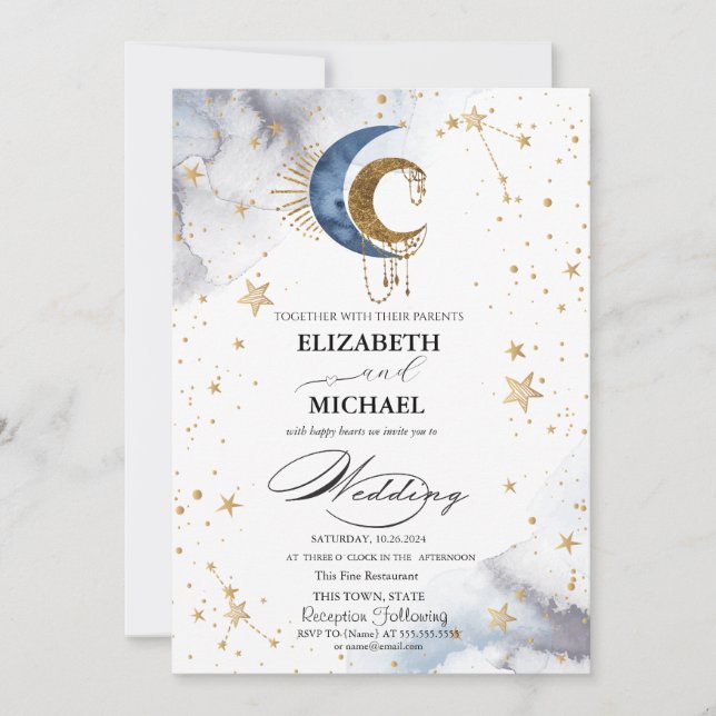 Celestial Moons,Stars Script Invitation (Front)