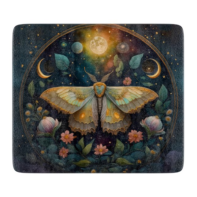 Celestial Moth and Moon Phases – Enchanted Night Cutting Board (Front)