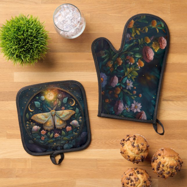 Celestial Moth and Moon Phases – Enchanted Night Oven Mitt & Pot Holder Set (Top Down)