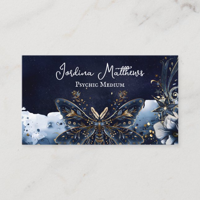 Celestial Moth Blue and Gold Night Sky Psychic Business Card (Front)
