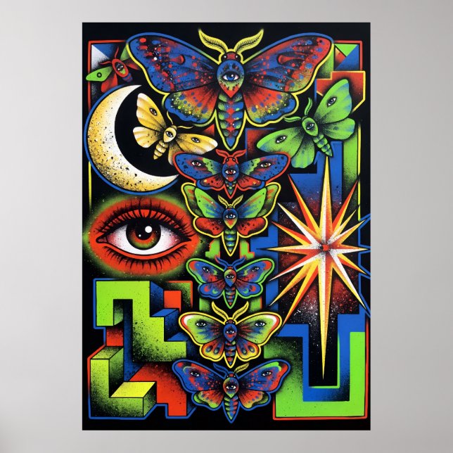 Celestial Moths Eye Moon Psychedelic Art Poster (Front)