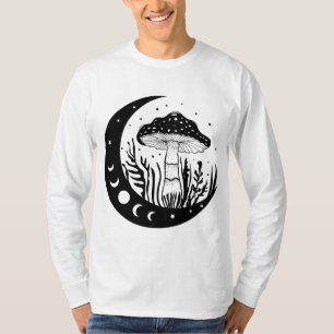 Celestial Mushroom And Moon Phases Black & White T-Shirt
