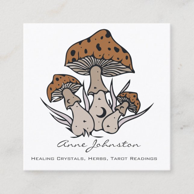 Celestial Mushrooms Boho Square Business Card (Front)