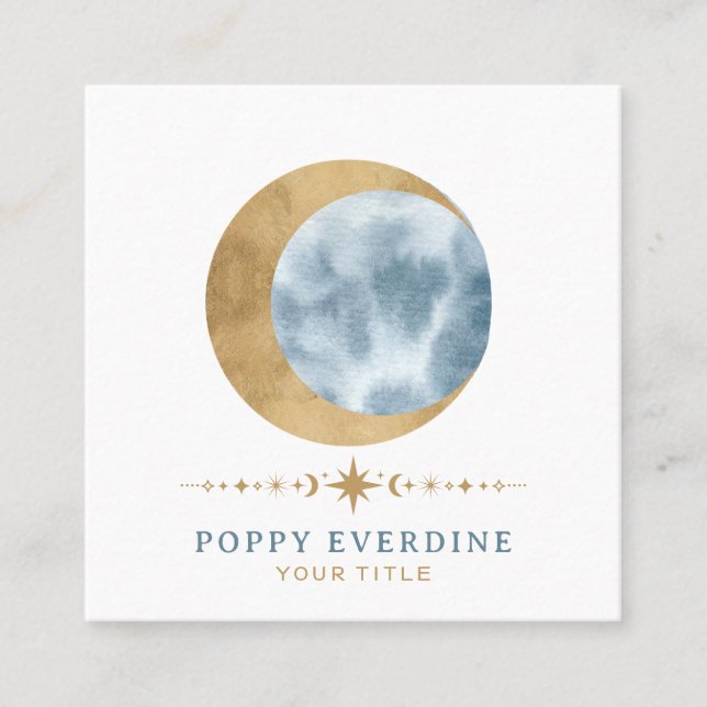 Celestial Mystic Moon Blue Gold  Square Business Card (Front)