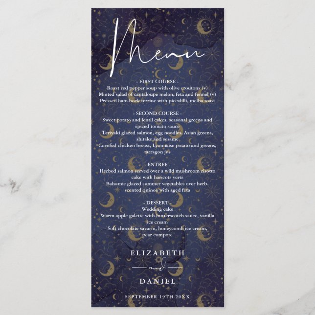 Celestial Mystical Elegant Script Wedding Dinner Menu (Front)