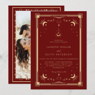 Celestial Mystical Moon Star Burgundy Wedding Invitation