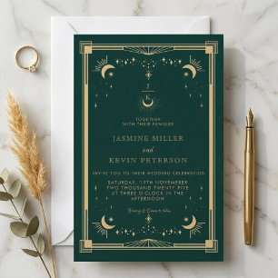 Celestial Mystical Moon Star Forest Green Wedding Invitation
