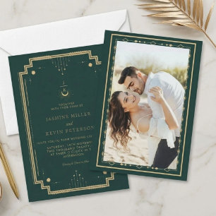Celestial Mystical Moon Star Forest Green Wedding Invitation