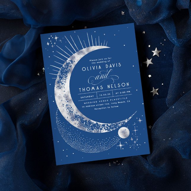 Celestial Mystical Moon Starry Night Boho Wedding Invitation (Navy Blue and Silver Celestial Wedding Invitations)