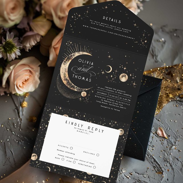 Celestial Mystical Moon Stars Halo Wedding All In One Invitation (All in One Celestial Wedding Invitation)