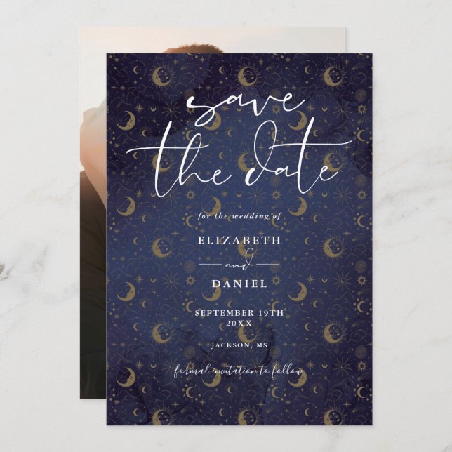 Celestial Mystical Stars And Moon Photo Wedding Save The Date (Front/Back)