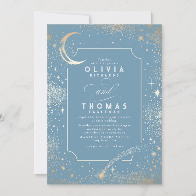 Celestial Mystical Stars Moon Dusty Blue Wedding Invitation (Front)