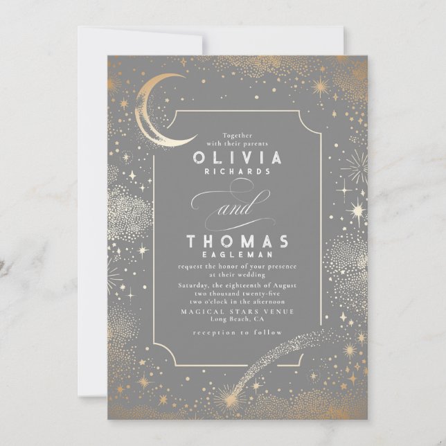 Celestial Mystical Stars Moon Soft Grey Wedding Invitation (Front)