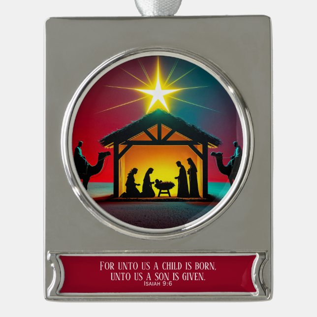 Celestial Nativity – Emmanuel Has Come Isaiah 9:6. Silver Plated Banner Ornament (Front)