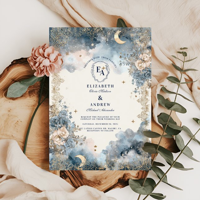 Celestial Navy and Gold Floral Wedding Invitation (Creator Uploaded)