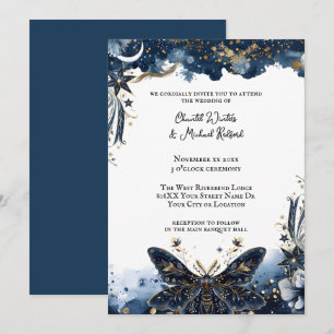 Celestial Navy Blue and Gold Moth Romantic Wedding Invitation
