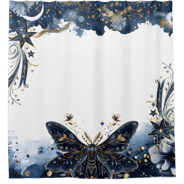 Celestial Navy Blue and Gold Moth Shower Curtain (Front)
