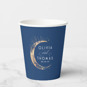 Celestial Navy Blue and Gold Mystical Wedding Paper Cups