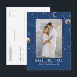 Celestial Navy Blue and Gold Stars Save The Date Announcement Postcard<br><div class="desc">Night sky stars celestial save the date photo postcards in navy blue and golden colours</div>