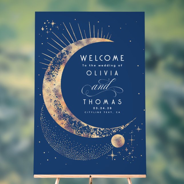 Celestial Navy Blue and Gold Wedding Welcome Acrylic Sign (Neutral)