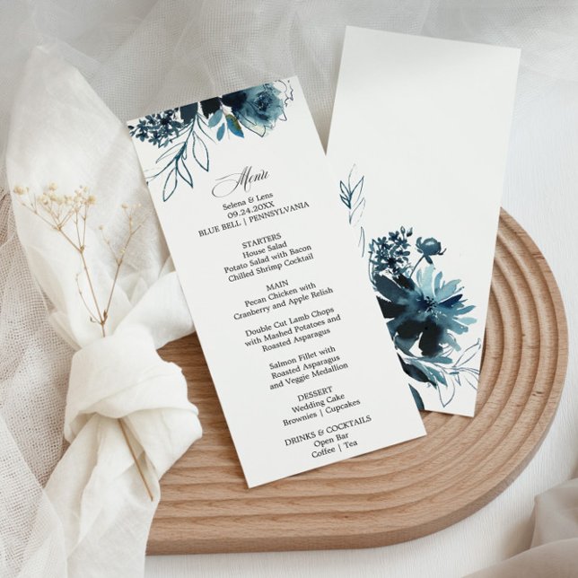Celestial Navy Blue Floral Dinner Menu Card (Creator Uploaded)