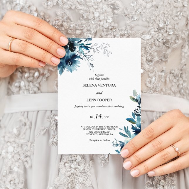 Celestial Navy Blue Floral Wedding Invitation (Creator Uploaded)