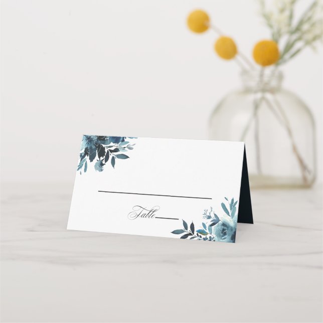 Celestial Navy Blue Floral Wedding Place Card (Front)