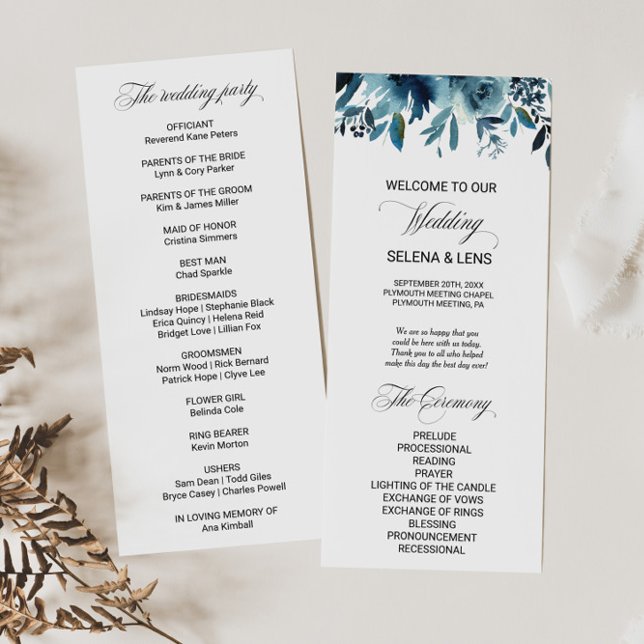 Celestial Navy Blue Floral Wedding Program Programme (Creator Uploaded)