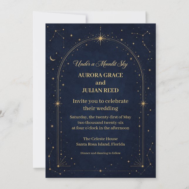 Celestial Navy Blue Gold Moon Wedding Invitation (Front)