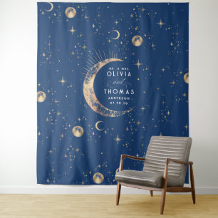 Celestial Navy Blue Gold Mystical Wedding Backdrop Tapestry
