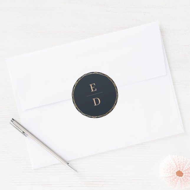 Celestial Navy Blue Golden Elegant  Classic Round Sticker (Envelope)