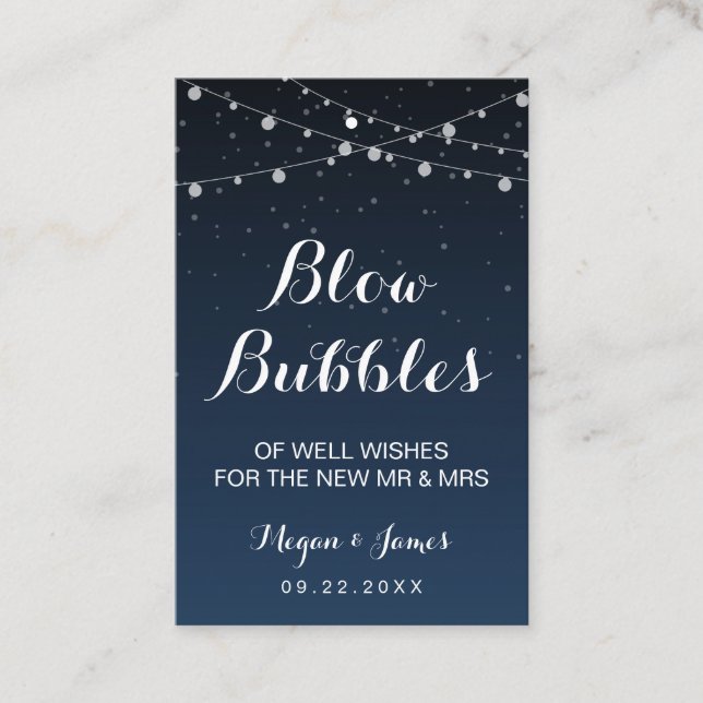 Celestial Navy Blue Stars Wedding Bubble Wand Tag (Front)