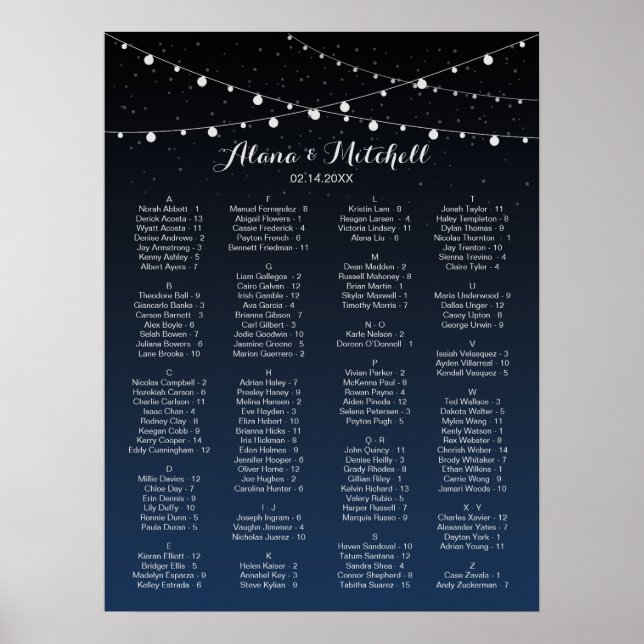 Celestial Navy Blue Stars Wedding Seating Chart (Front)