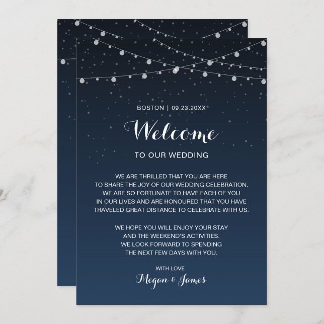 Celestial Navy Blue Stars Wedding Welcome Note Invitation (Front/Back)
