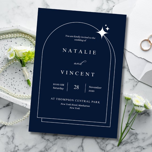 Celestial Navy Blue Wedding Elegant Arch Frame Foil Card (Creator Uploaded)