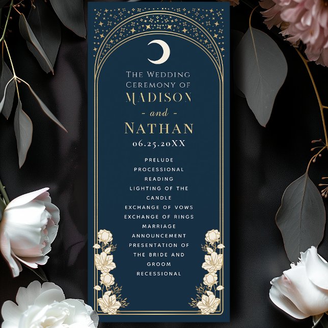 Celestial Navy Elegant Arch Art Nouveau Wedding Programme (Creator Uploaded)