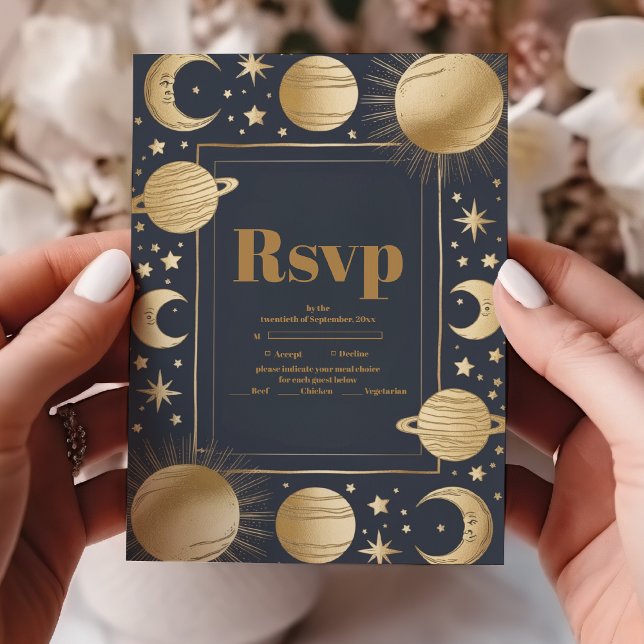 Celestial Navy Gold Crescent Moon Wedding RSVP Card (Creator Uploaded)