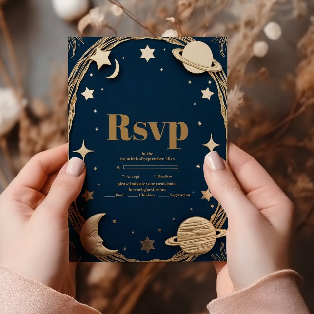 Celestial Navy Gold Crescent Moon Wedding RSVP Card (Creator Uploaded)