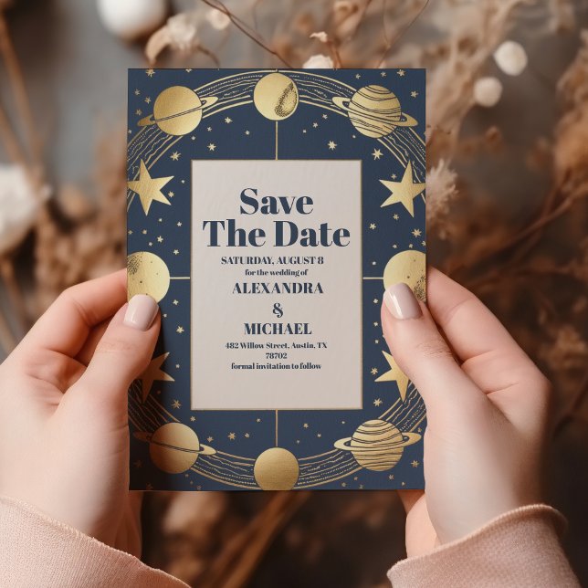 Celestial Navy Gold Crescent Moon Wedding Save The Date (Creator Uploaded)