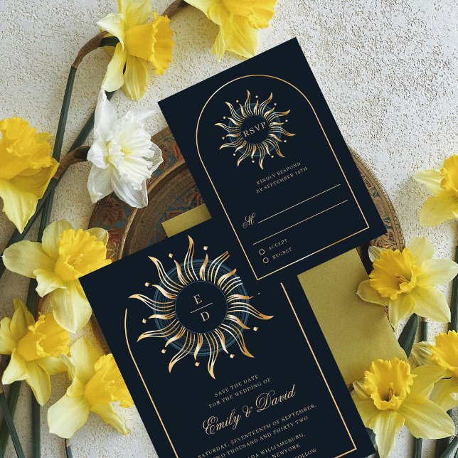 Celestial Navy Golden Monogram Boho RSVP Card (Creator Uploaded)