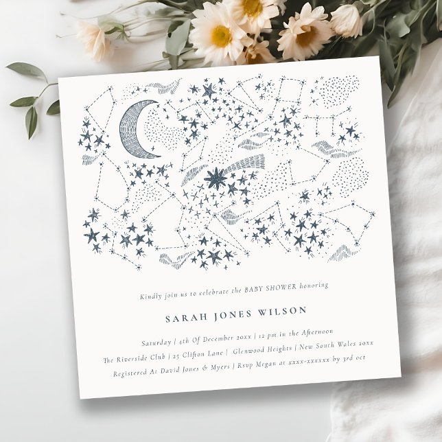 Celestial Navy Starry Night Moon Baby Shower Invitation (Creator Uploaded)