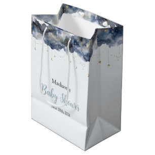 Celestial Navy Watercolor Cloud Baby Shower Paper Medium Gift Bag