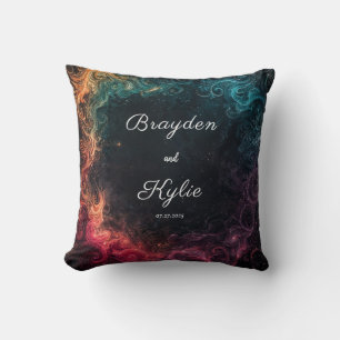 Celestial Nebula Abstract Swirl Teal Red Magenta Cushion