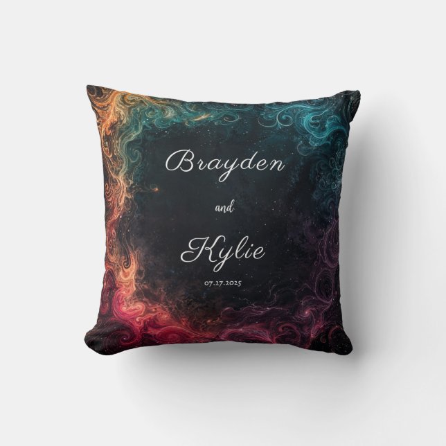 Celestial Nebula Abstract Swirl Teal Red Magenta Cushion (Front)