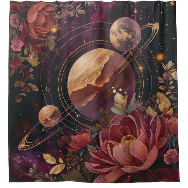 Celestial Nebula Crystal Planet Purple Shower Curtain (Front)