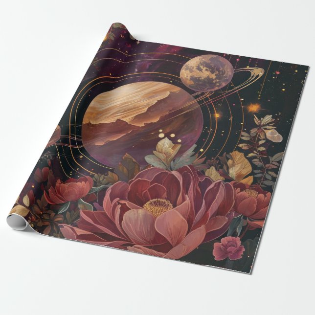 Celestial Nebula Crystal Planet Purple Wrapping Paper (Unrolled)