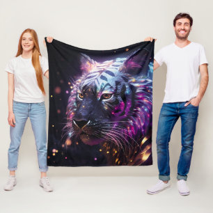 Celestial Neon Tiger – Futuristic Glowing Big Cat Fleece Blanket