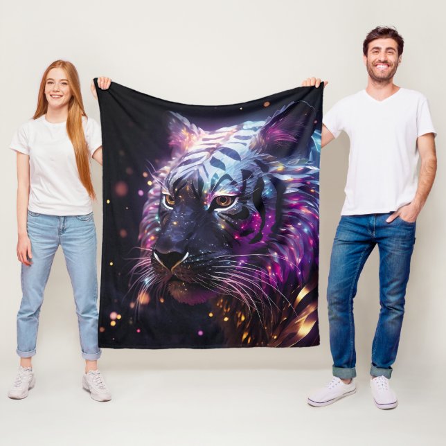 Celestial Neon Tiger – Futuristic Glowing Big Cat  Fleece Blanket (In Situ)