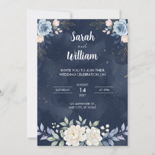 Celestial Night Blue Florals Wedding Invitation