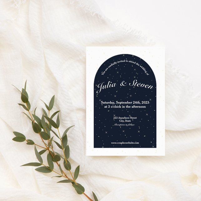 Celestial Night Sky Navy Blue Arch & Stars Wedding Invitation (Creator Uploaded)
